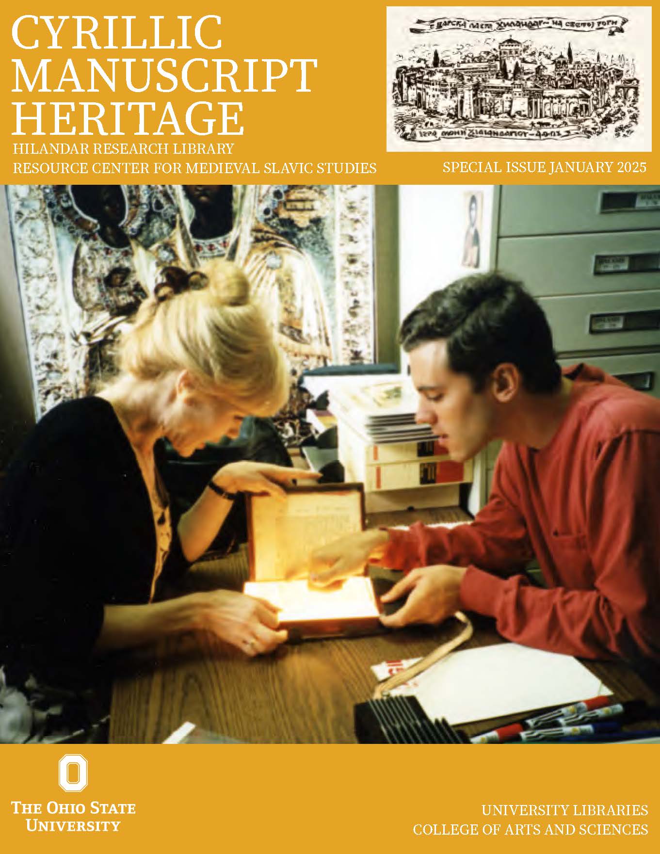 front cover of RCMSS/HRL newsletter: Blonde woman and dark-haired man sit across from each other at a desk, with an open manuscript. The man is inserting a fiber optic light pad in the manuscript, looking for watermarks in the paper pages
