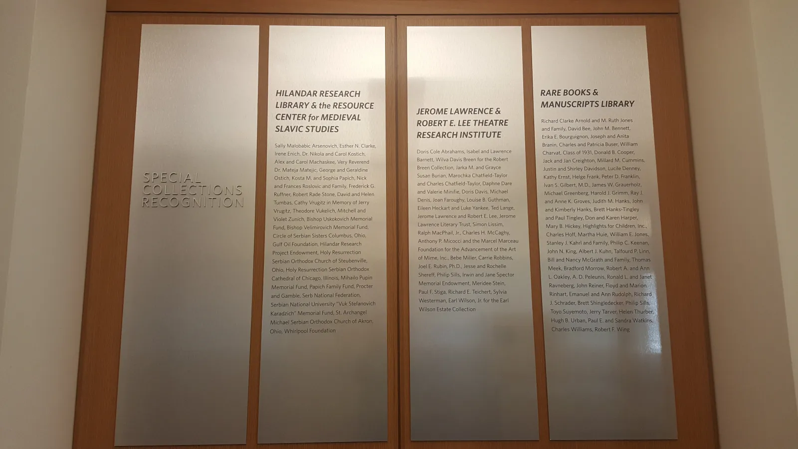 The Donor wall in Special Collections Reading Room at Thompson Library 